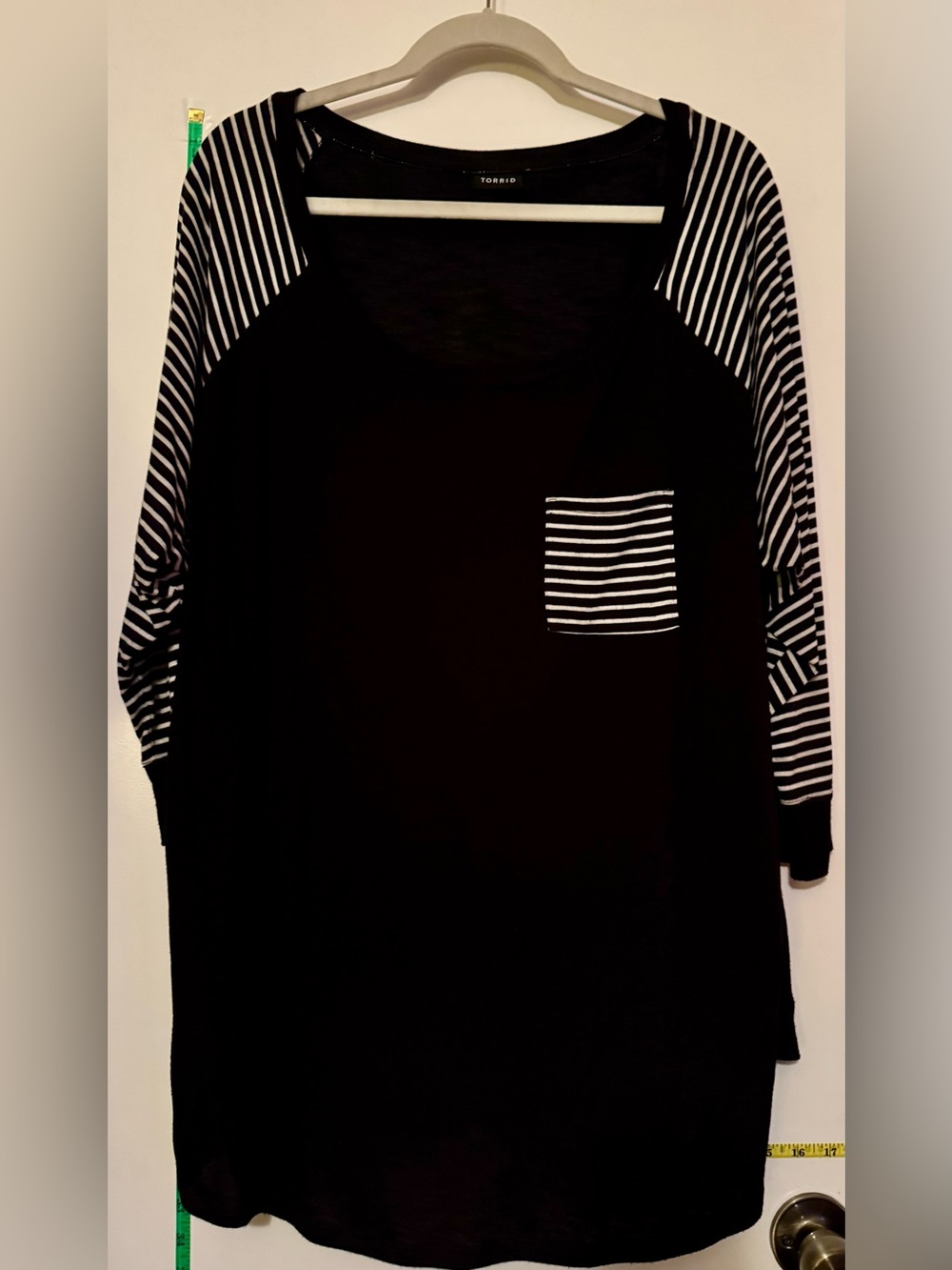 TORRID Black Tunic with Striped Raglan Sleeves and Pocket